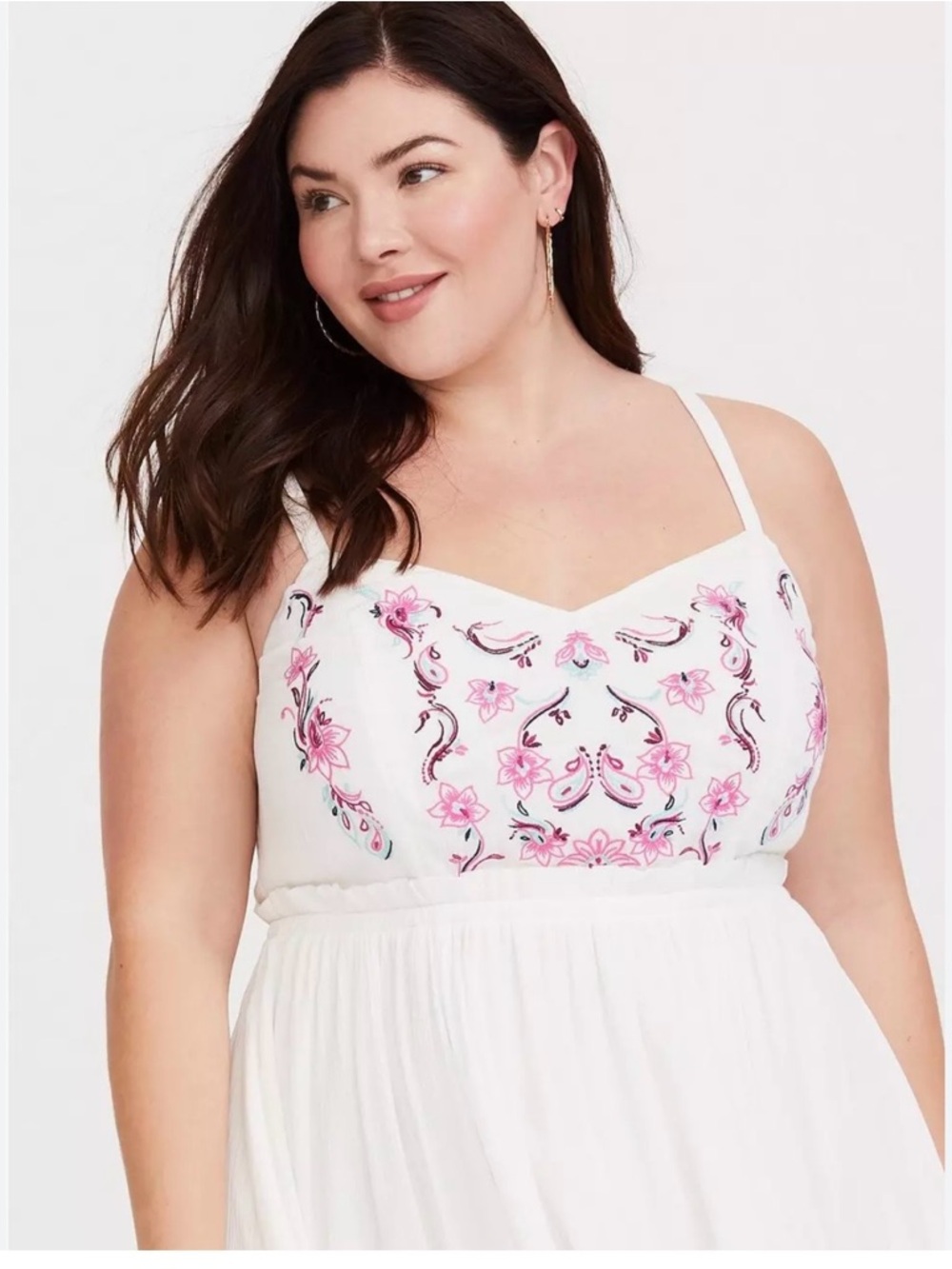 torrid ivory V-Neck dress with Pink & Teal Embroidery size 1X